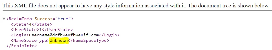 The “Unknown” tag indicating the domain is not federated by Microsoft services