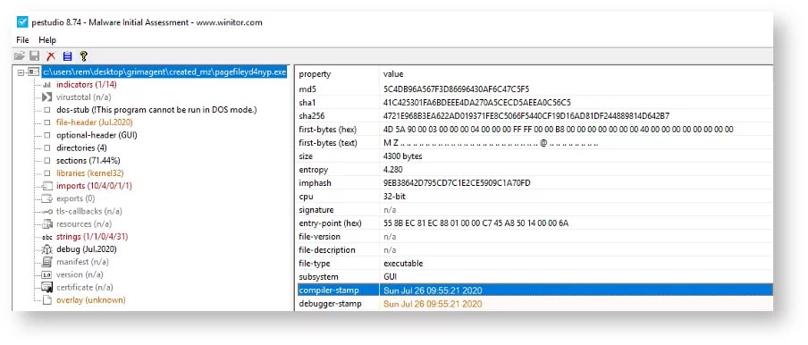 MZ Shellcode/DLL launcher properties of GrimAgent