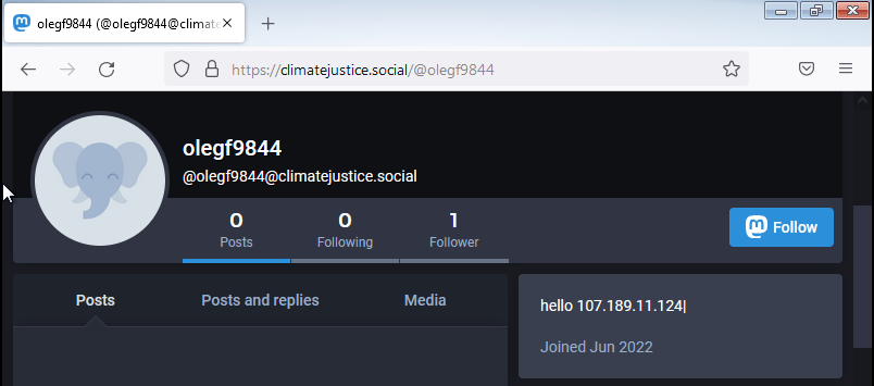 Social media profile with C2 IP address in description.