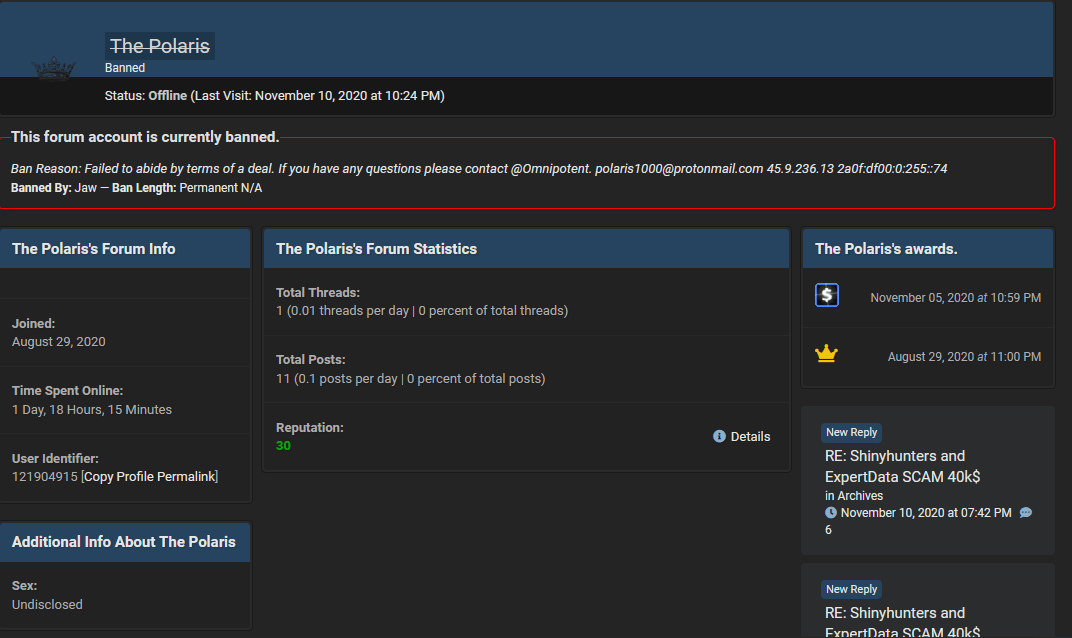 The Polaris' account on RaidForums