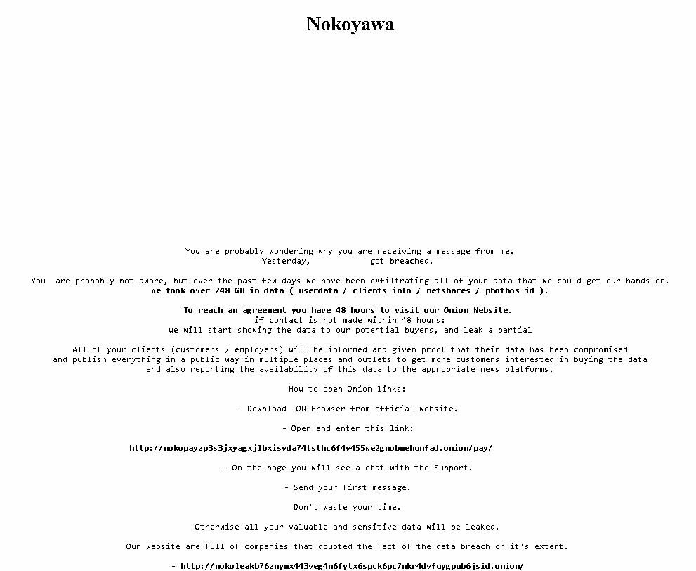 Screenshot of the defaced page by Nokoyawa ransomware