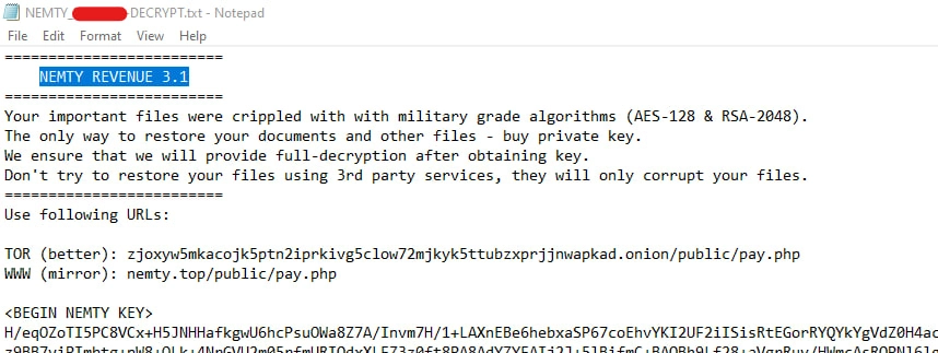 Screenshot of the ransom note for Nemty ransomware