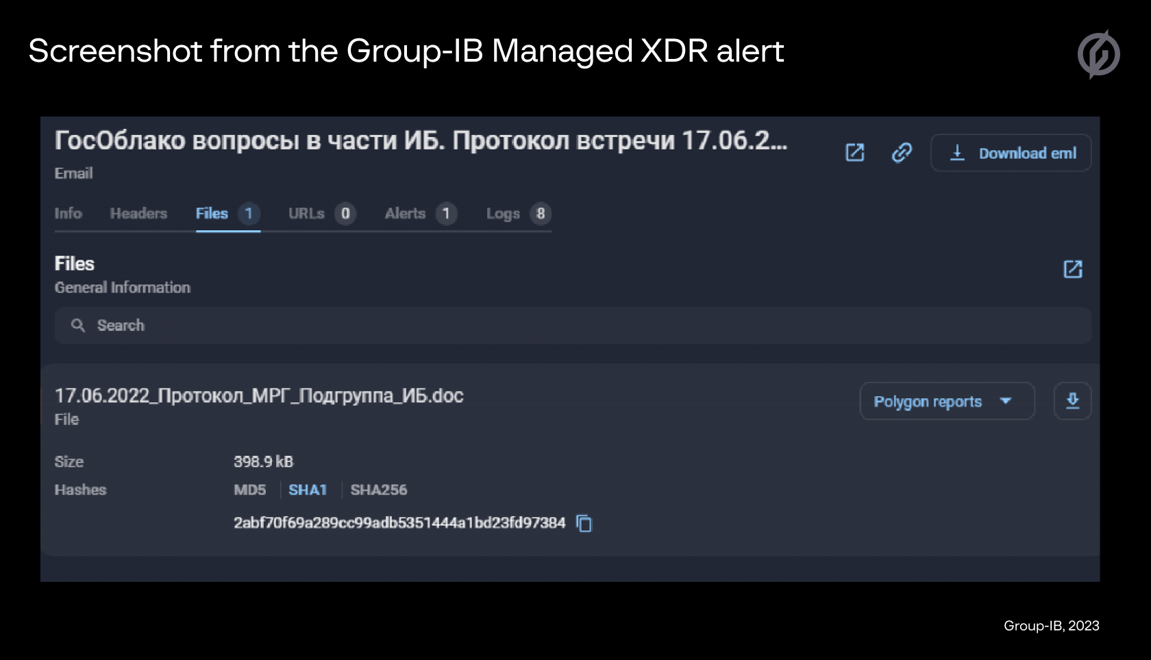 Screenshot from the Group-IB Managed XDR alert 