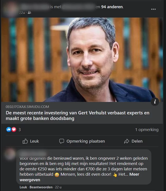 fake investment schemes - screen from Facebook