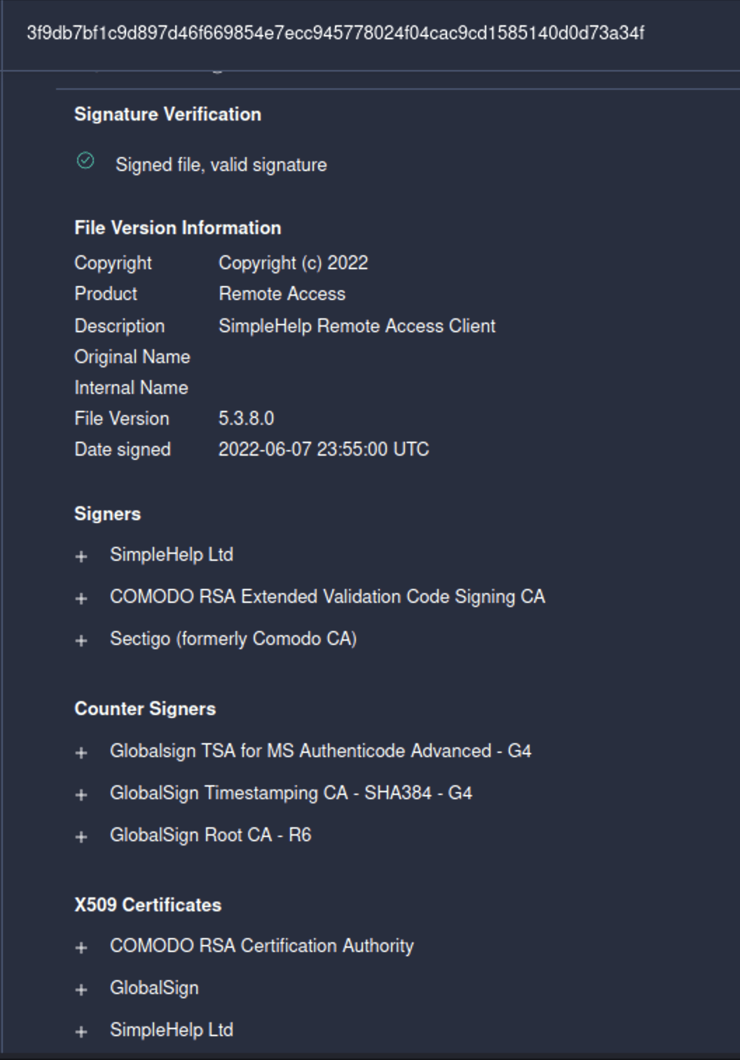Digital signatures of the MuddyWater malicious file 