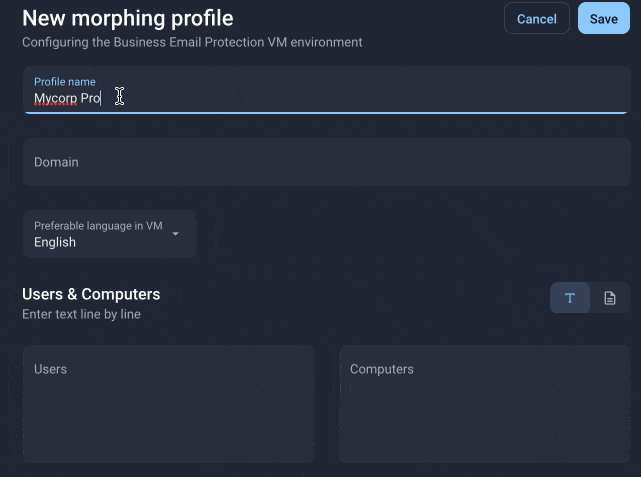 Morphing profile creation in the interface of Group-IB Business Email Protection