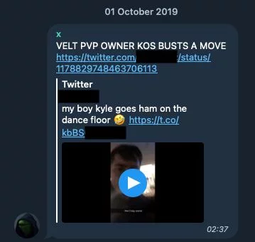 Telegram post showing the Twitter account of Subject X