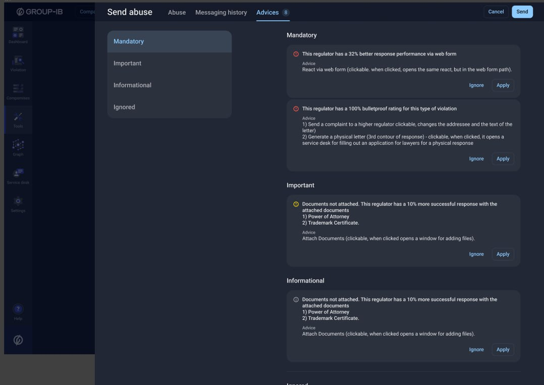 Recommendations and context for companies featured within the Smart Abuse Tool