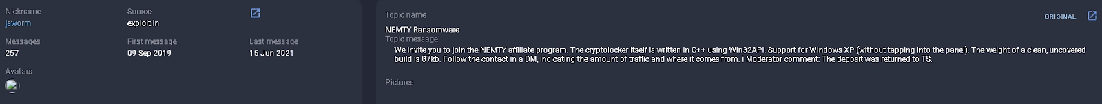 Nemty Ransomware affiliate program post translation