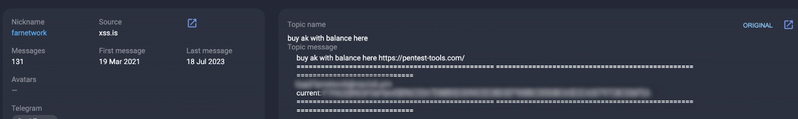 Farnetwork's thread searching for an account with a balance on the website pentest-tools.com translation