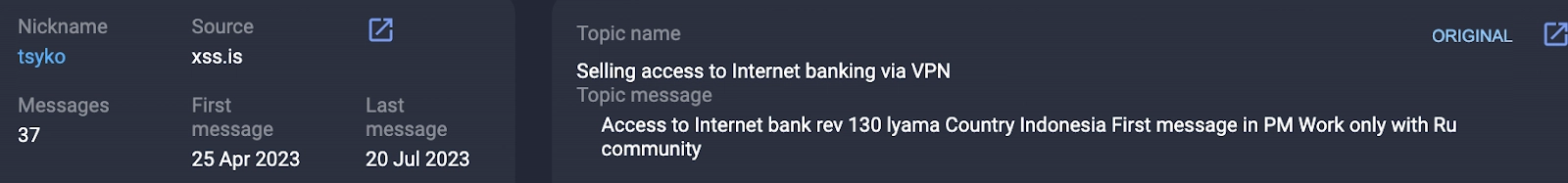 a thread on XSS about selling access to an online bank through VPN translation
