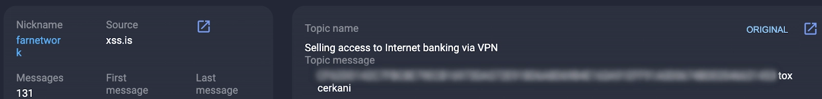 a thread on XSS about selling access to an online bank through VPN translation