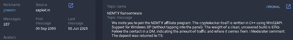 recruiting affiliates for Nemty screenshot translation